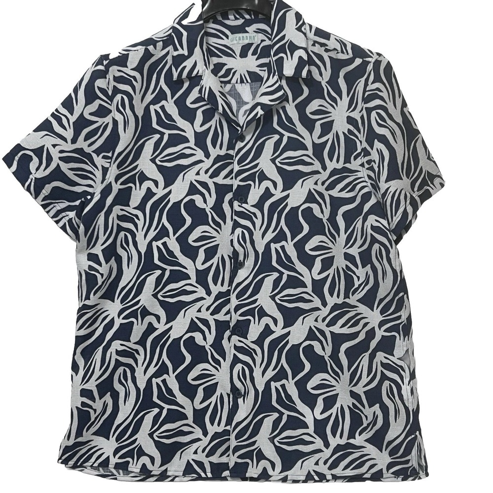 Cabana Hawaiian Tropical Short Sleeve Button Shirt Floral Blue White Men Large